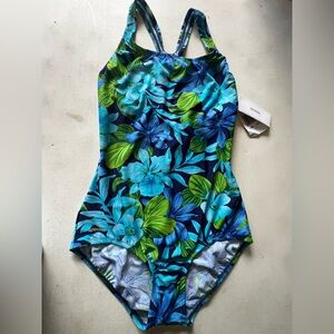 SPEEDO WOMAN’S SIZE 12 BLUE & GREEN FLORAL ONE-PIECE SWIMSUIT.  NWT  NOT PADDED